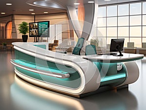 3d modern receptionist desk design featuring a curved design and decorated with LED lighting.