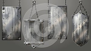 3D modern set of metal signs, silver colored boards hanging on chains. Realistic signboards with metallic texture