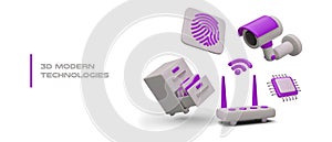 3D modern technologies. Office drawer unit, security camera, fingerprint, microprocessor, router