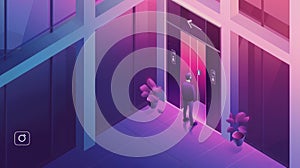 3D modern web banner with Elevator isometric landing page. Businessman character pushing button at closed doors in