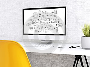 3d Modern workspace and computer with chemestry and science sketch