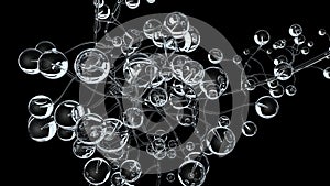 3D molecules or atoms on black background.