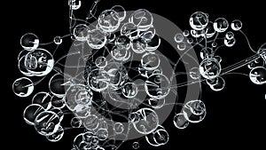 3D molecules or atoms on black background. Abstract molecular structure with white transparent spherical particles