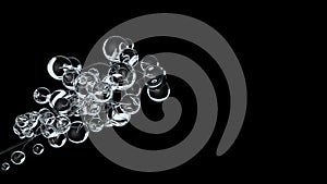 3D molecules or atoms on black background. Abstract molecular structure with white transparent spherical particles