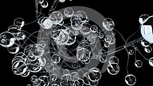 3D molecules or atoms on black background. Abstract molecular structure with white transparent spherical particles