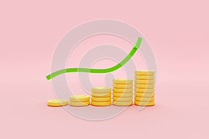 3d money coins stacks and green arrow up n pink pastel background. 3d render for finace, growing business concept, 3d coins