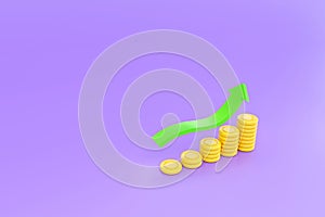 3d money coins stacks and green arrow up on purple background. 3d render for finace, growing business concept, 3d coins investment