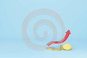 3d money coins stacks and red arrow up pastel color on light blue background. 3d render for finance, growing business concept, 3d