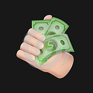 3d money in hand. Cartoon hand of businessman holds banknotes. Concept of financial operation with money bills and