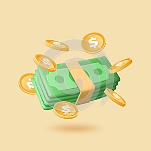 3d money icons, dollars and colden coins, 3d elements. Flying cash. Payment by stack of coins, economy sign, financial