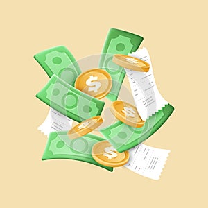 3d money render, blank bills. Yellow coins, paper dollar and checks, sale banner, financial signs. Financial composition