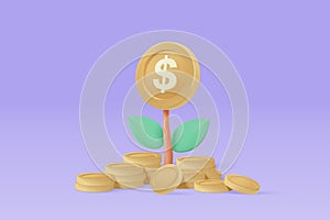3d money tree plant with coin dollar. Business profit investment, finance education, earning income, business development concept