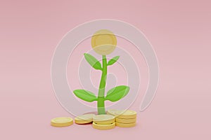 3d money tree plant with coin on pastel pink background, Finance concept, saving concept, money growth up, 3d render money coins,