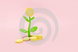 3d money tree plant with coin on pastel pink background, Finance concept, saving concept, money growth up, 3d render money coins,