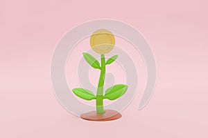 3d money tree plant with coin on pastel purple background, Finance concept, saving concept, money growth up, 3d render money coins