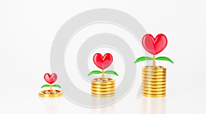 3d money tree plant isolated on white background. Love or red heart on stack of golden coins. Investment growth, saving money for