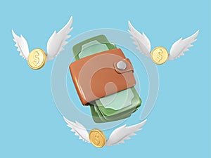 3D money wallet and coins with wings. Concept of business, online shop, finance, banking. Lost money. Money-saving concept. Vector