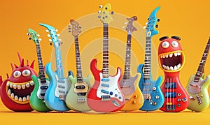 3d monster electric guitars line up on yellow background. For music stores