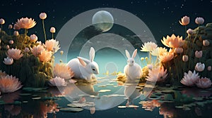 3D Mooncake Festival with cloud, lotus flowers and leaves, and rabbits.