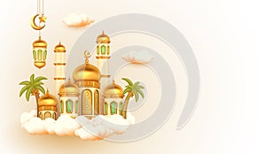 3d mosque building decorated glossy brass dome above the clouds with copy space text area
