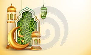 3d mosque dome and crescent with Arabic style carved window, Arabesque decorations banner with space for text