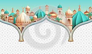 3d mosque shown with dome arches, Celebrating the holy month of Ramadan with arabesque background