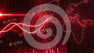 3D Motion of red candlestick graph chart of stock market trading with animated world map background, Bullish Bearish stock