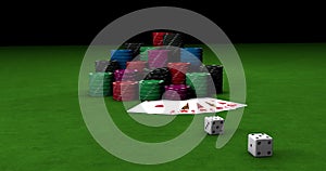 3D motion. Two dices falling on green table with stacks of colorful poker chips and playing cards. Gambling, casino