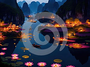 3d mountain and lake with lotus flower and boat