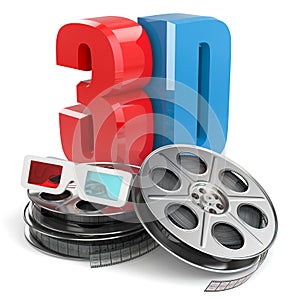 3D movie concept. Film reel and glasses.