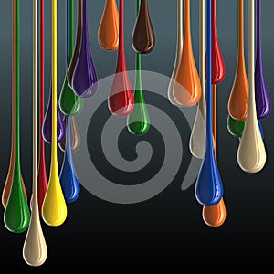 3D multicolor glossy paint drop blobs on black background