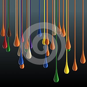 3D multicolor glossy paint drop blobs on black background