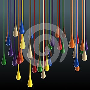 3D multicolor glossy paint drop blobs on black background