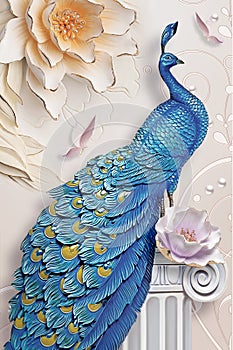 3d mural background blue peacock on branch wallpaper . with flowers