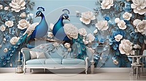 3d mural background blue peacock on branch wallpaper . with flowers for interior home wall