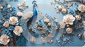 3d mural background blue peacock on branch wallpaper . with flowers for interior home wall