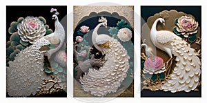 3d mural background white peacock on branch wallpaper. with flowers in black background