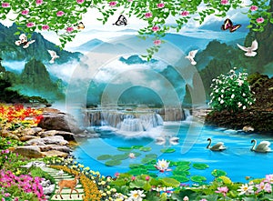 3d mural colorful landscape. flowers branches multi colors with trees and lake water. Waterfall and mountains view. suitable for p