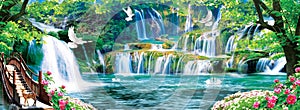 3d mural colorful landscape . flowers branches multi colors with trees and water . Waterfall and flying birds . suitable for print