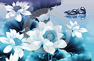 3d mural floral wallpaper with lake ducks . blue background with white flowers