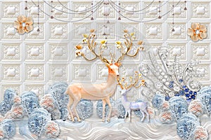 3d mural Flowers background with Deer and circle wallpaper for walls . with golden tree flowers and Jewelery  background .