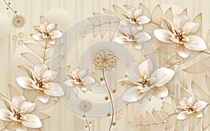3d mural illustration background with golden dandelion flowers , circles simple golden decorative wallpaper