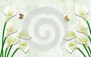 3d mural illustration background with golden pearl jewelry , butterfly and flowers , circles decorative art wallpaper