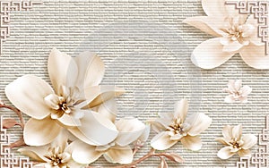 3d mural illustration background with golden pearl jewelry , butterfly and flowers , circles decorative art wallpaper