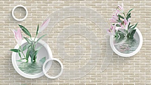 3d mural illustration background with golden pearl jewelry , butterfly and flowers , circles decorative art wallpaper