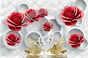3d mural illustration background with red flowers, golden swan, white circles decorative classic art wallpaper