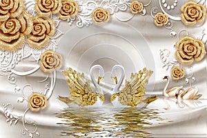 3d mural illustration Golden swan in water with decorative floral background Jewelery, 3d ball