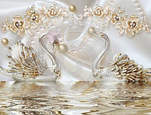 3d mural illustration Golden swan on water with decorative floral background Jewelery, 3d ball