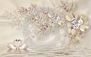 3d mural illustration Golden swan on water with decorative floral background Jewelery, 3d ball