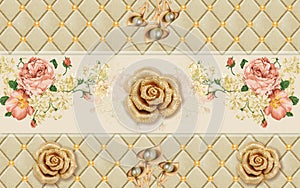 3d mural illustration wallpaper with golden jewelry and flowers . leather background